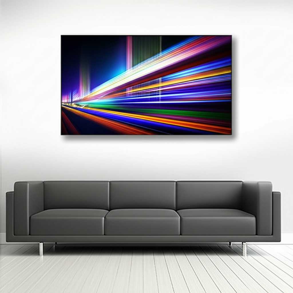 Contemporary living room with a large, vibrant abstract cityscape metal print as a centerpiece above a sleek sofa