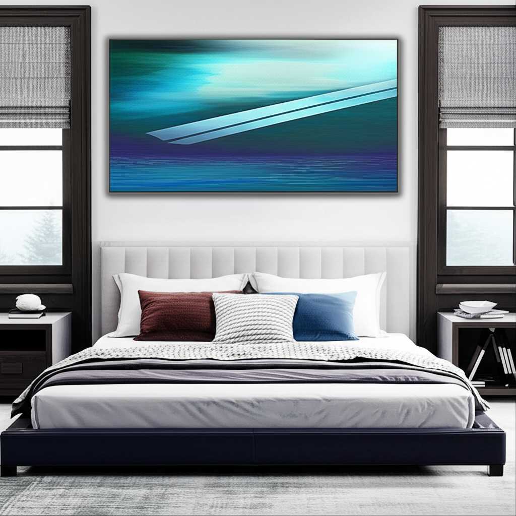 A serene bedroom with a large, cool-toned abstract metal print above the bed, creating a tranquil and relaxing atmosphere.