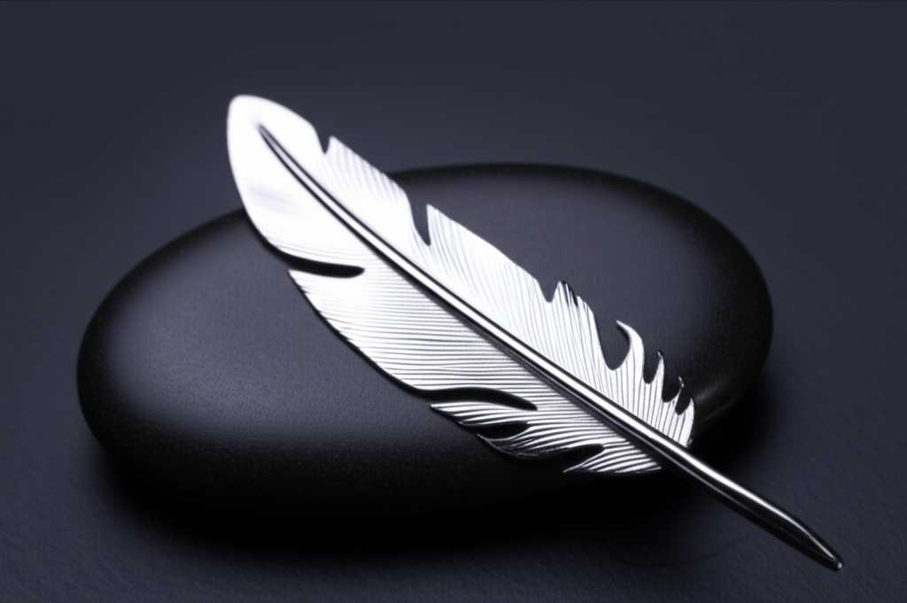 Symbolic image of longevity and strength: a sleek metal feather resting on a polished stone, representing resilience
