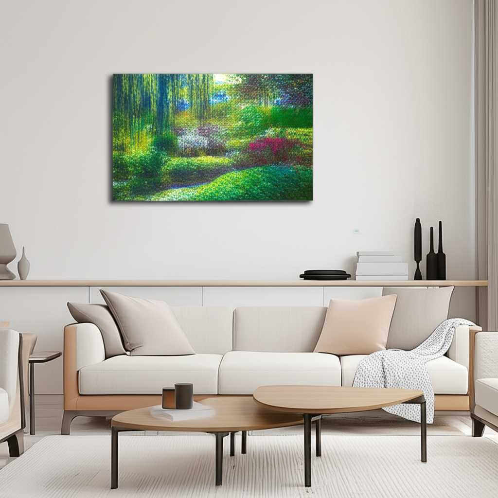 Vibrant Impressionist-style landscape art displayed on a sleek metal print in a modern living room.