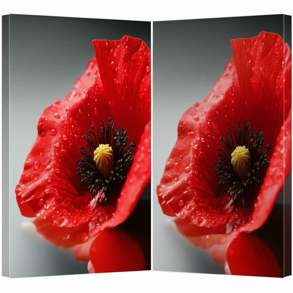 A conceptual, split-view image showing half a vibrant floral photo on a glossy metal print and the other half on a traditional matte canvas.