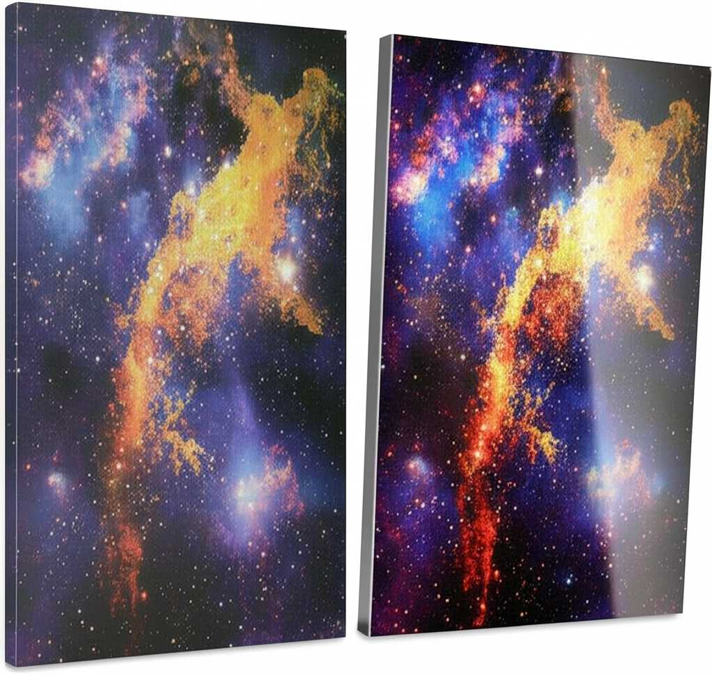 A conceptual side-by-side comparison showing a vibrant, glossy metal print next to a traditional matte canvas print of the same image.