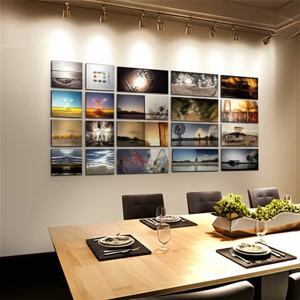 A beautifully curated gallery wall in a dining room featuring several metal prints of various sizes, showcasing different subjects but unified by the metallic medium, illuminated by subtle track lighting.