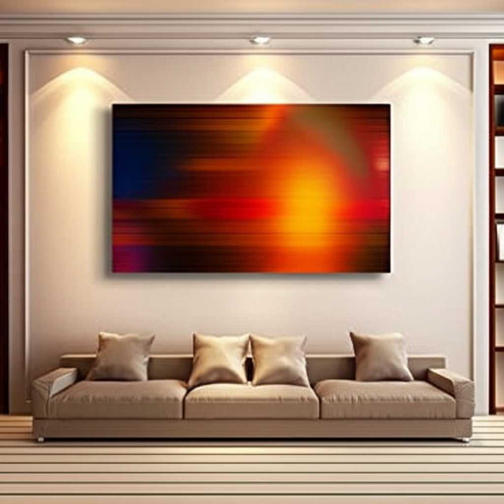 A sophisticated living room with a large, vibrant metal print (generic abstract design) perfectly centered above a modern sofa, illuminated by subtle downlighting, showcasing its sleek finish.