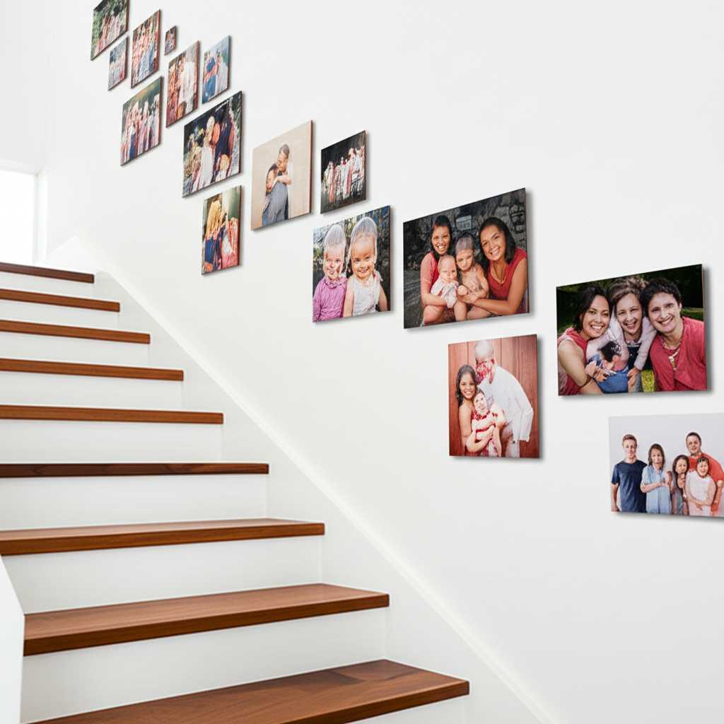 A series of family photos on metal prints arranged in a cascading layout along a brightly lit staircase wall.