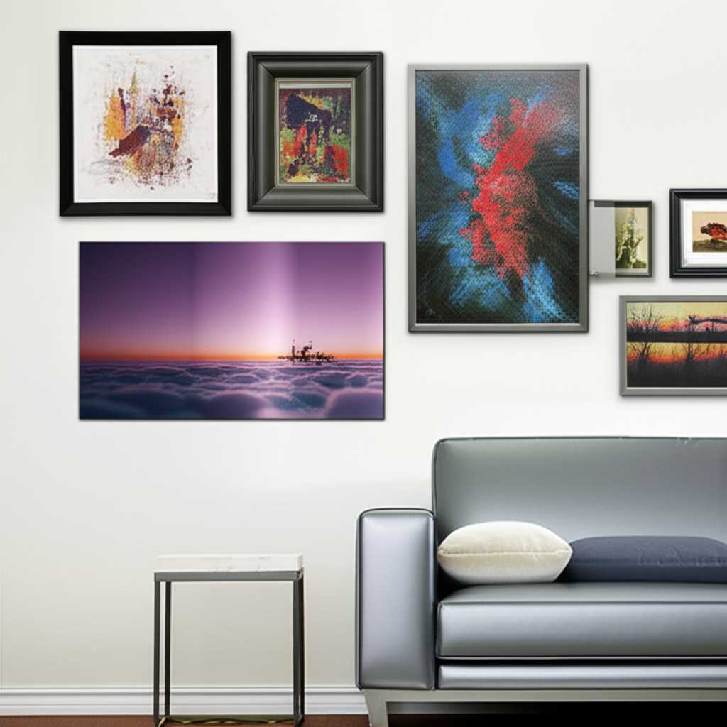 An eclectic gallery wall featuring a mix of framed prints and at least one prominent metal art piece, all harmoniously arranged.