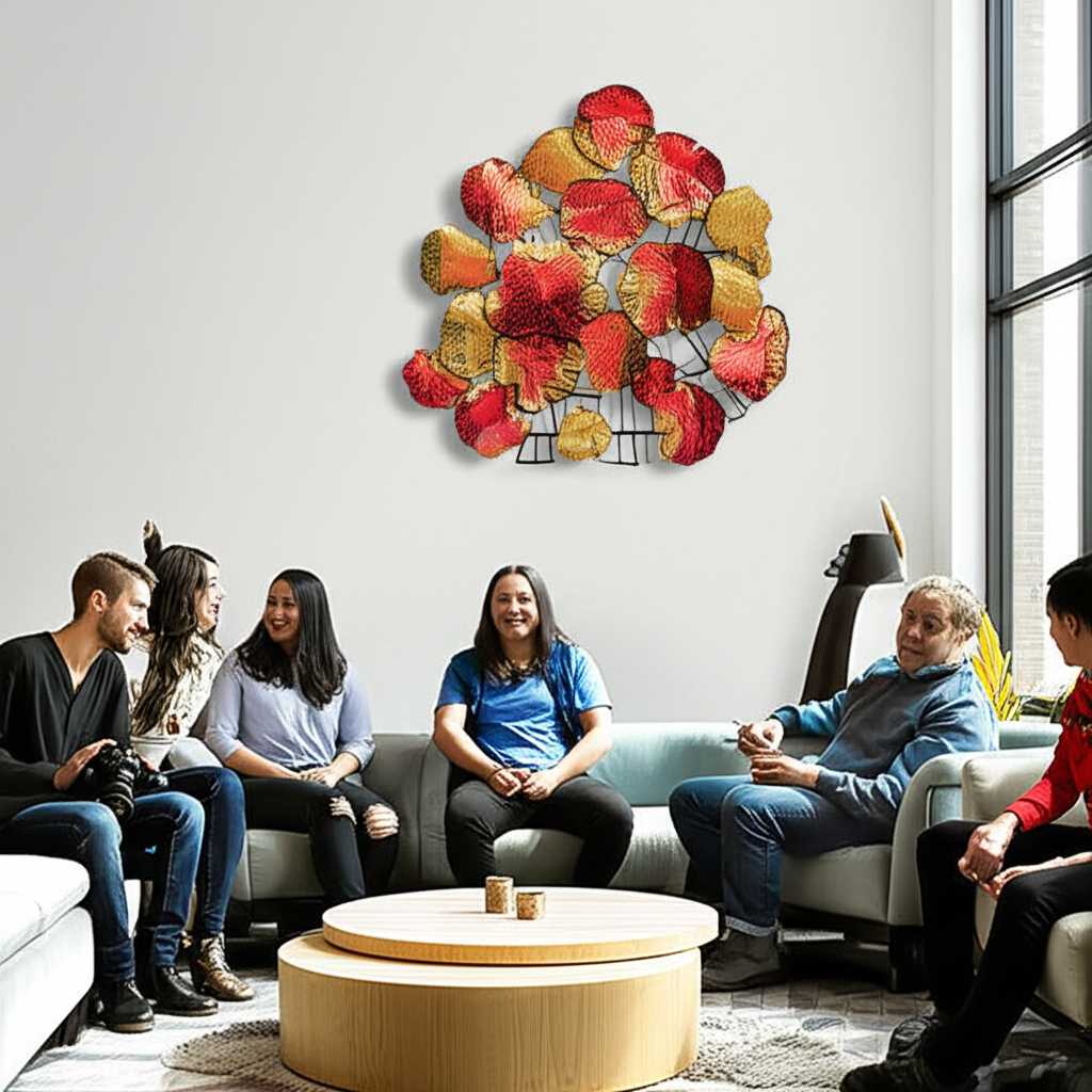 A lively living room where friends are chatting. On the main wall, a large, vibrant metal print with warm tones acts as a stunning focal point.