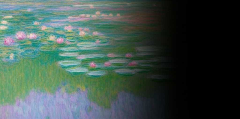 Conceptual split image: half Impressionist detail on traditional canvas, half the same detail vibrant on a sleek metal surface