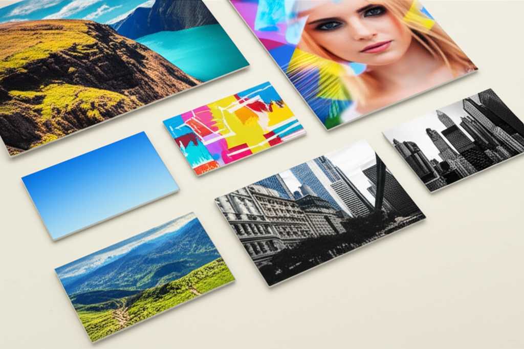 A collage of different small metal prints showcasing various photo types: landscape, portrait, abstract, black & white.