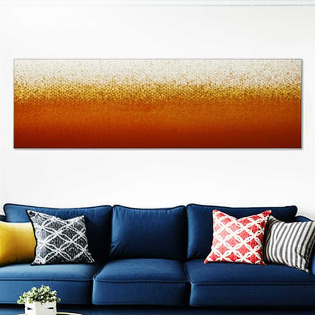 A chic living room with a large, warm-toned abstract metal art piece over the sofa.