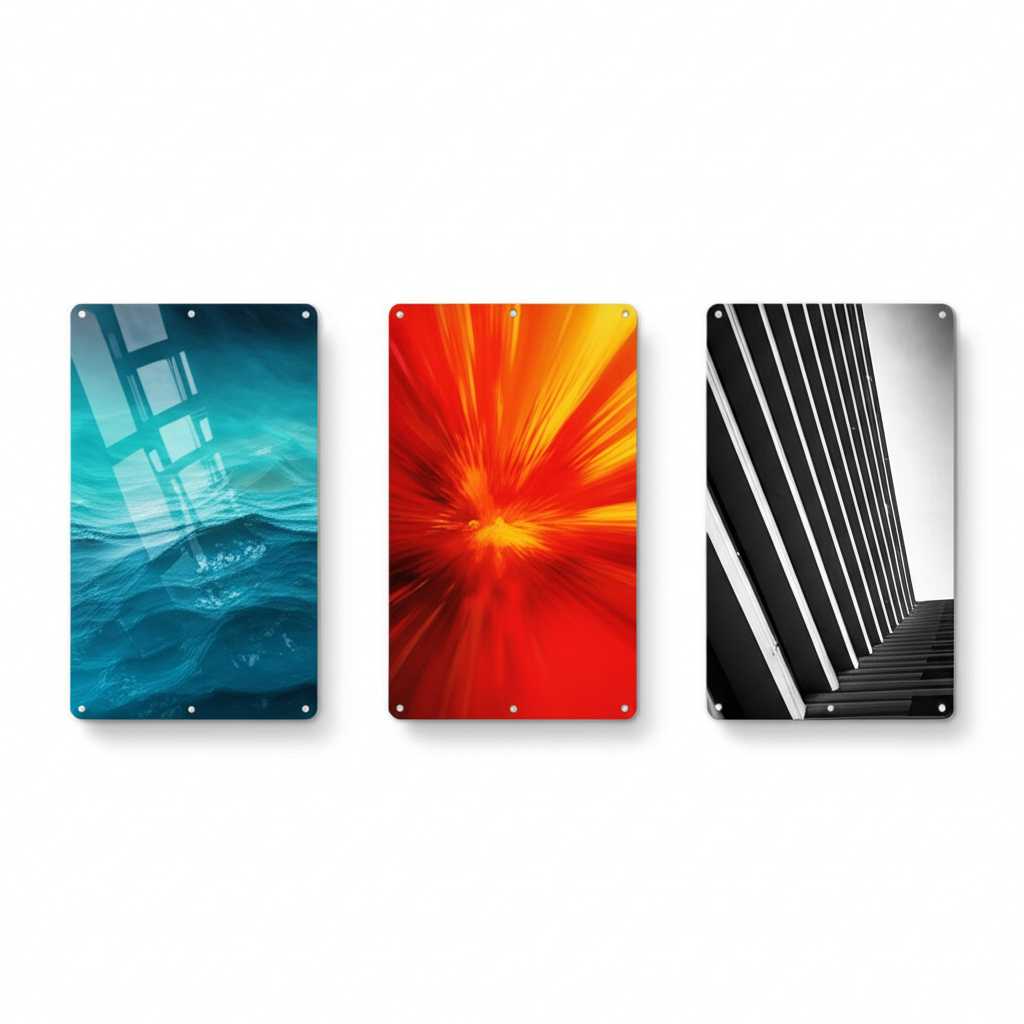 A triptych of metal prints showcasing different color palettes (cool, warm, neutral) and their emotive effect.