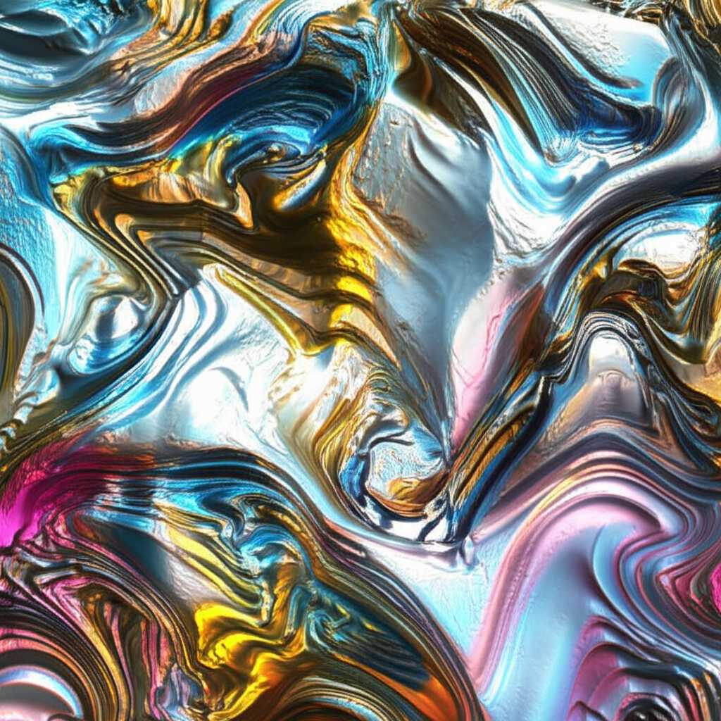 Abstract representation of vibrant, luminous colors seemingly floating or embedded within a sleek, metallic surface, with light interacting dramatically.