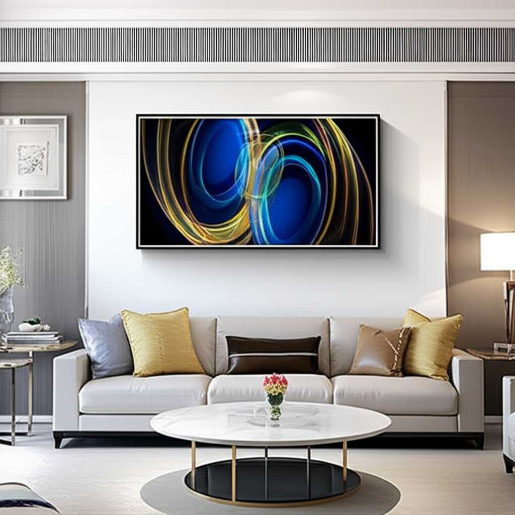 A stunning, minimalist living room with a large, glossy metal art piece hanging above a sleek sofa. The art features vibrant swirls of blues and golds, and the lighting highlights its acrylic-like sheen and the rich depth of the colors.