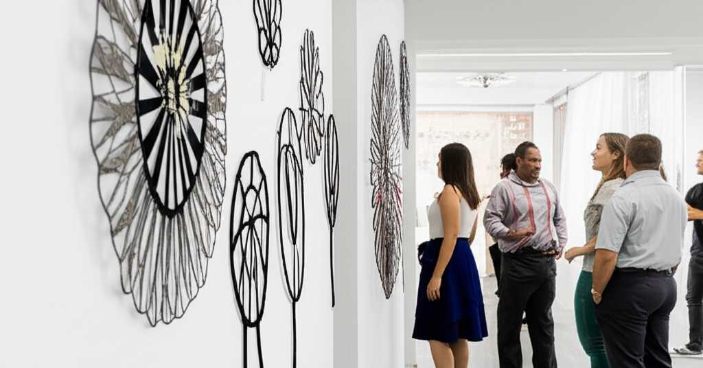 Diverse group of stylish, happy people in a contemporary home admiring various metal art pieces, conveying attainable aspiration