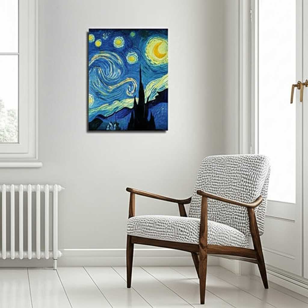 A cozy reading nook or family room corner with an Impressionist metal print safely displayed on the wall