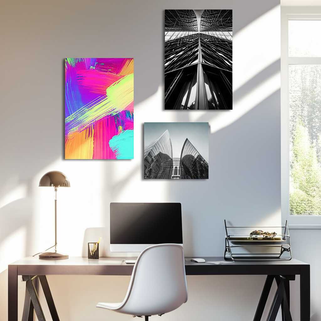 A stylish home office with a curated gallery wall of various-sized metal prints showcasing different art styles (e.g., one abstract, one landscape photo, one monochrome architectural detail). The desk is neat, and the overall feel is inspiring.