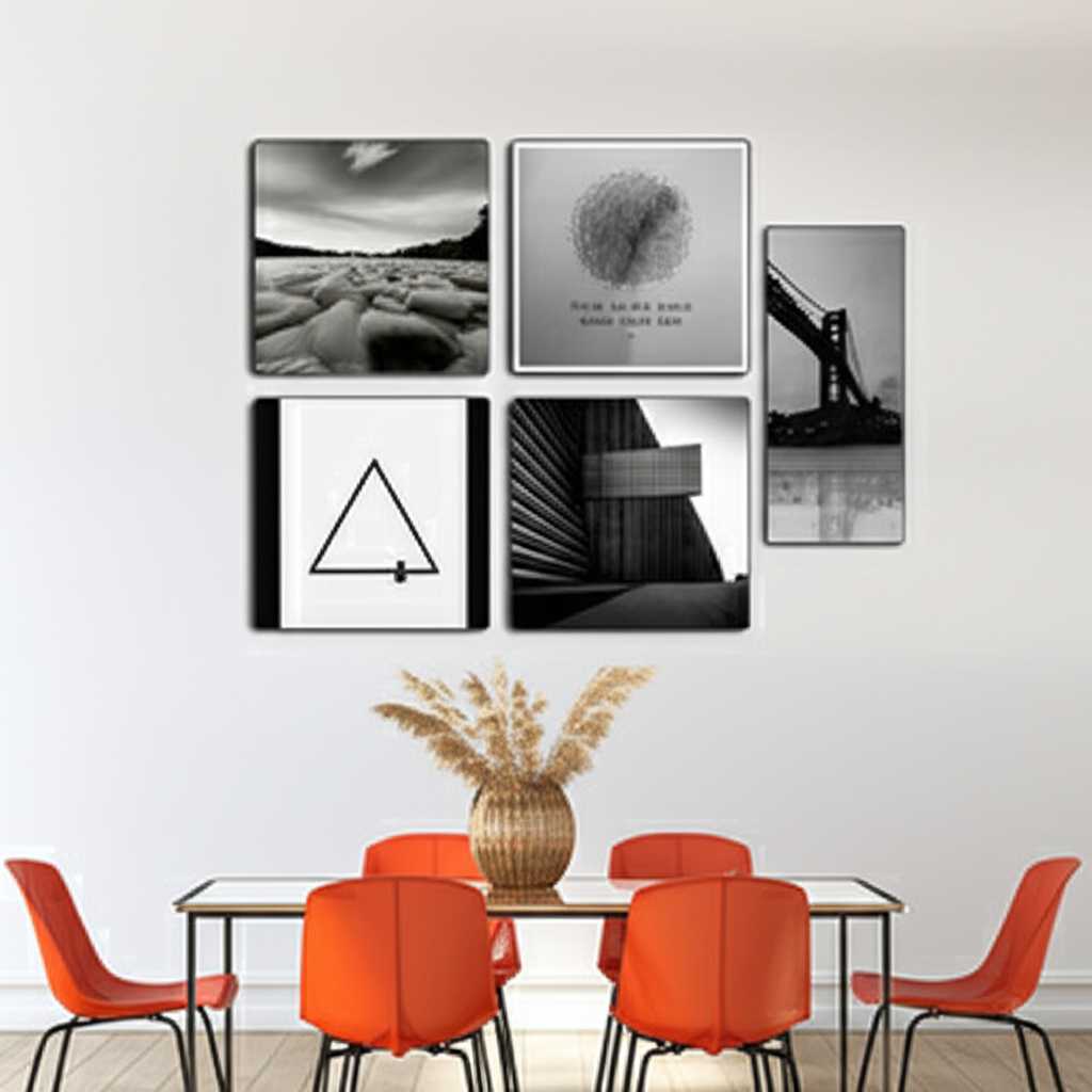 A stylish gallery wall composed of several metal prints of varying fixed sizes, arranged cohesively.