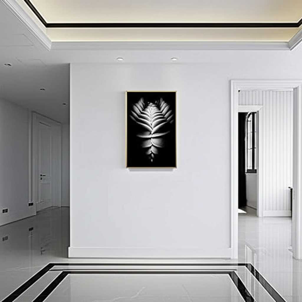 Ultra-modern minimalist interior with a large, frameless metal print as the sole art piece, complementing clean lines