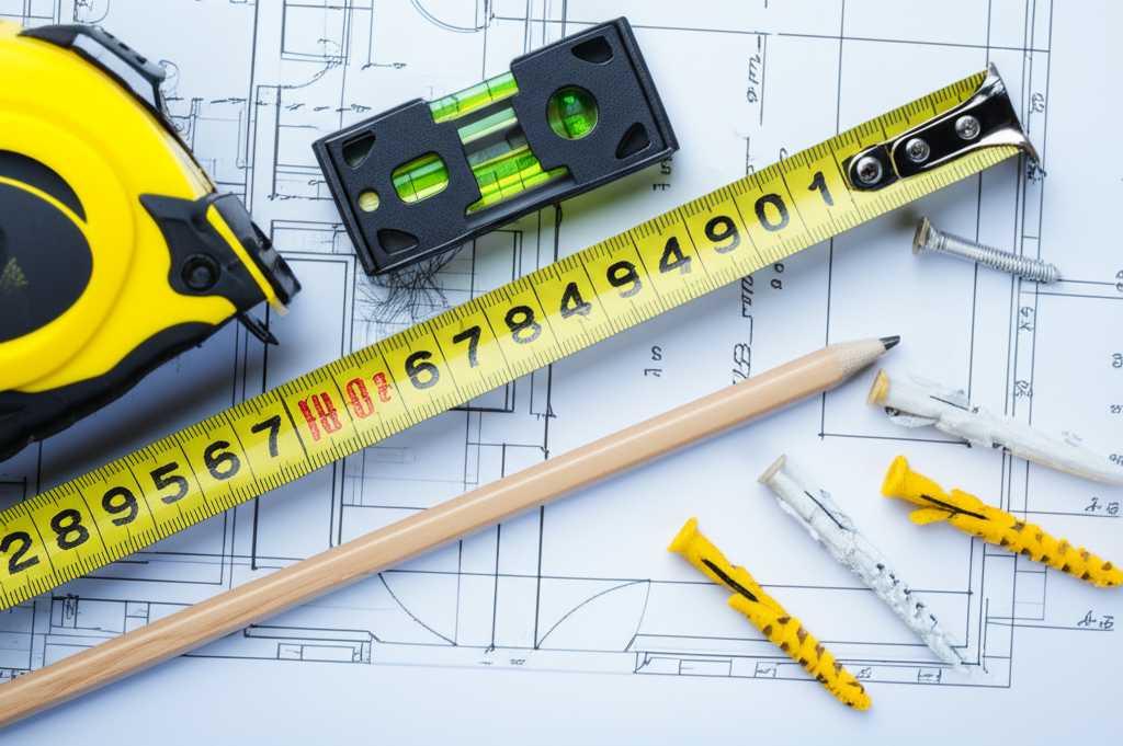 A close-up, illustrative shot of various wall anchors, a tape measure, a pencil, and a level neatly arranged on a blueprint or sketch of a wall.
