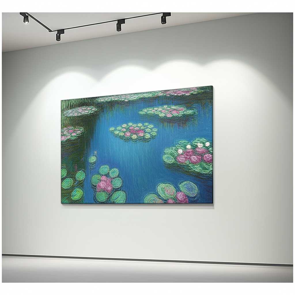 An Impressionist-style painting of a water lily pond displayed on a wall, where the gallery lighting makes the colors on the print look vibrant and deep.