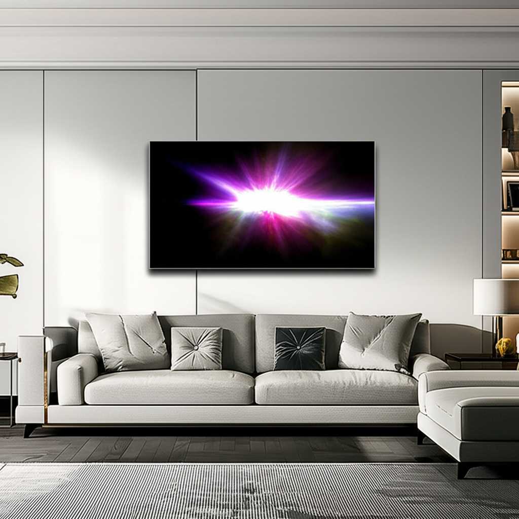 A stunning living room with a large, vibrant metal print of an abstract landscape hanging above a sleek, modern sofa.
