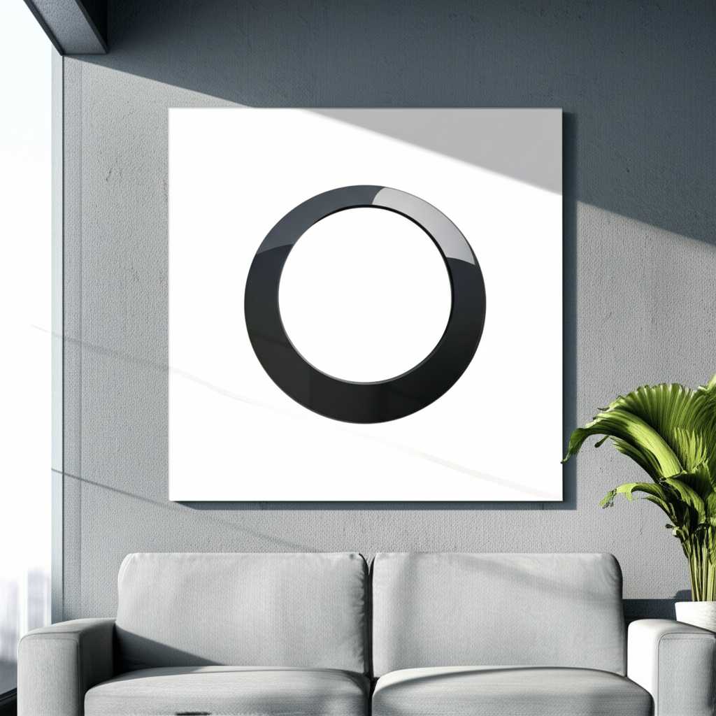 A large, glossy metal print of a single black circle on a white background hangs in a minimalist living room with a concrete wall and modern Scandinavian furniture.
