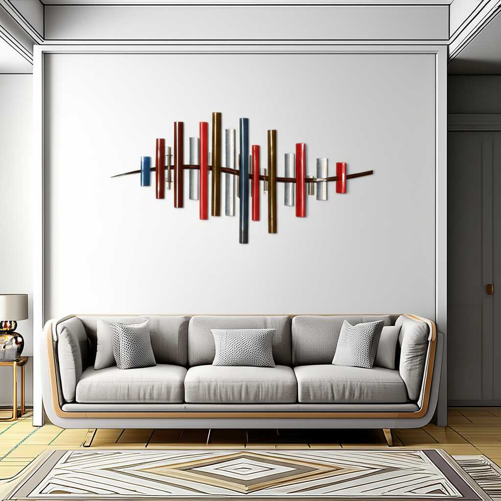 Contemporary living room featuring a large abstract metal art piece above the sofa