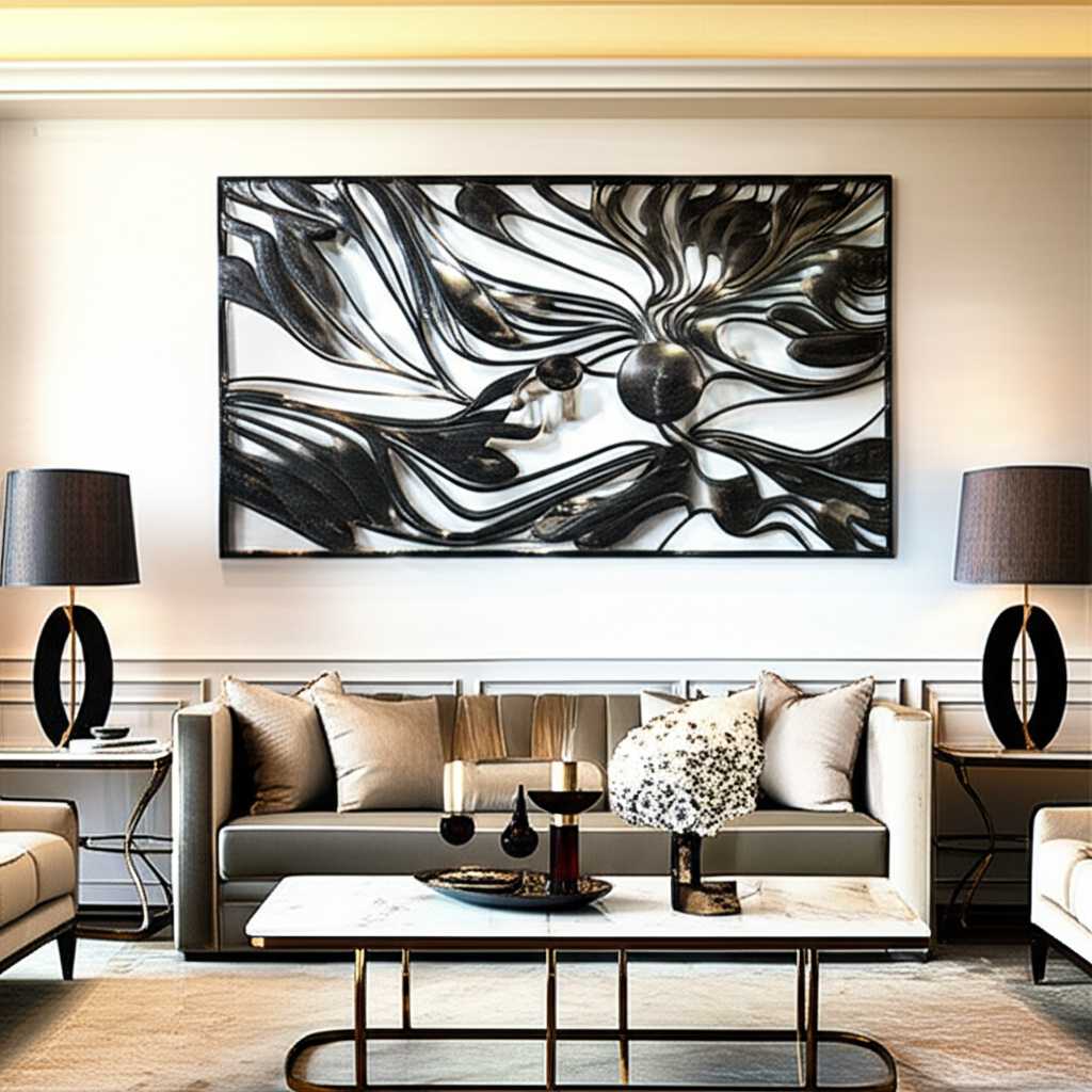 Beautifully decorated, luxurious, aspirational room featuring a prominent metal art piece, conveying attainable high quality and style.