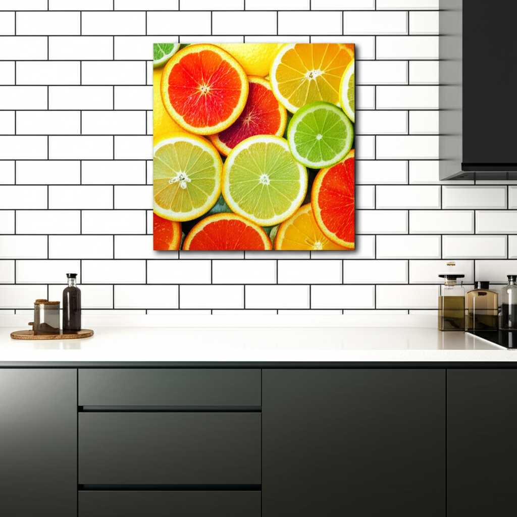 A chic kitchen with a vibrant, colorful metal art print of fruits and vegetables hanging on a tile backsplash.