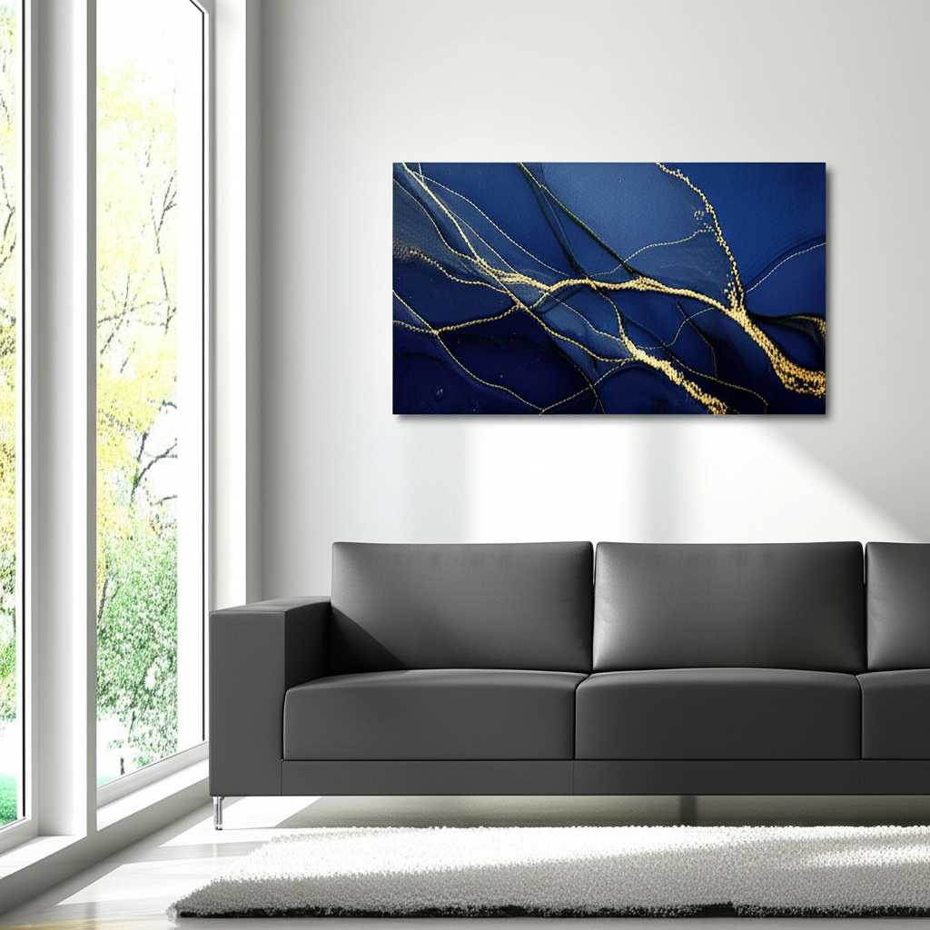 A breathtaking minimalist living room with a large, abstract metal art print in shades of deep blue and gold hanging above a low-profile gray sofa. Sunlight streams in from a large window, catching the glossy surface of the art and creating a subtle, luxurious sheen.