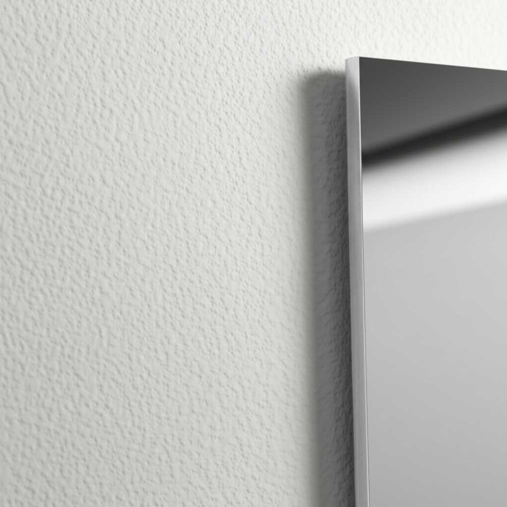 An angled, close-up shot of the corner of a metal art print on a light gray wall, showcasing its slim, modern profile and crisp, clean edge.